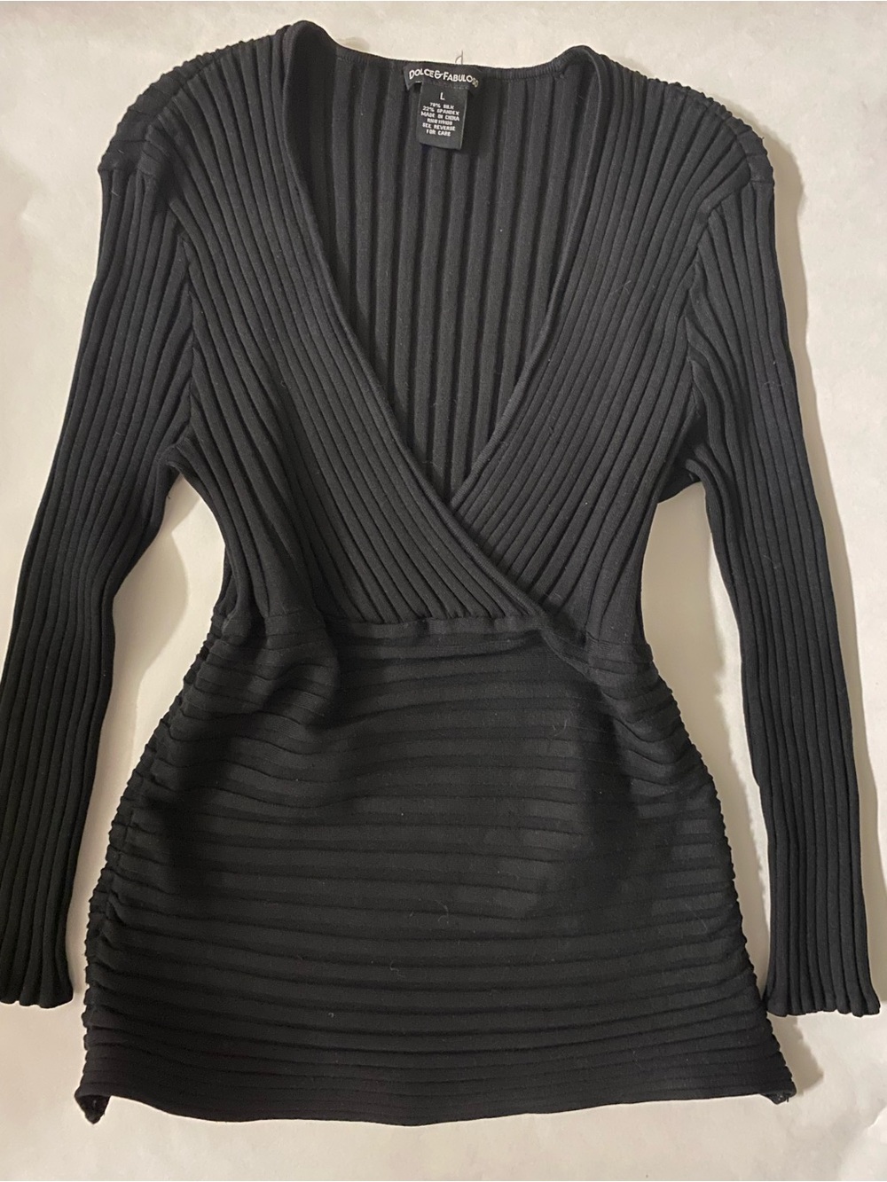 Vintage Dolce Black Ribbed Wrap-Style Long Sleeve Dress